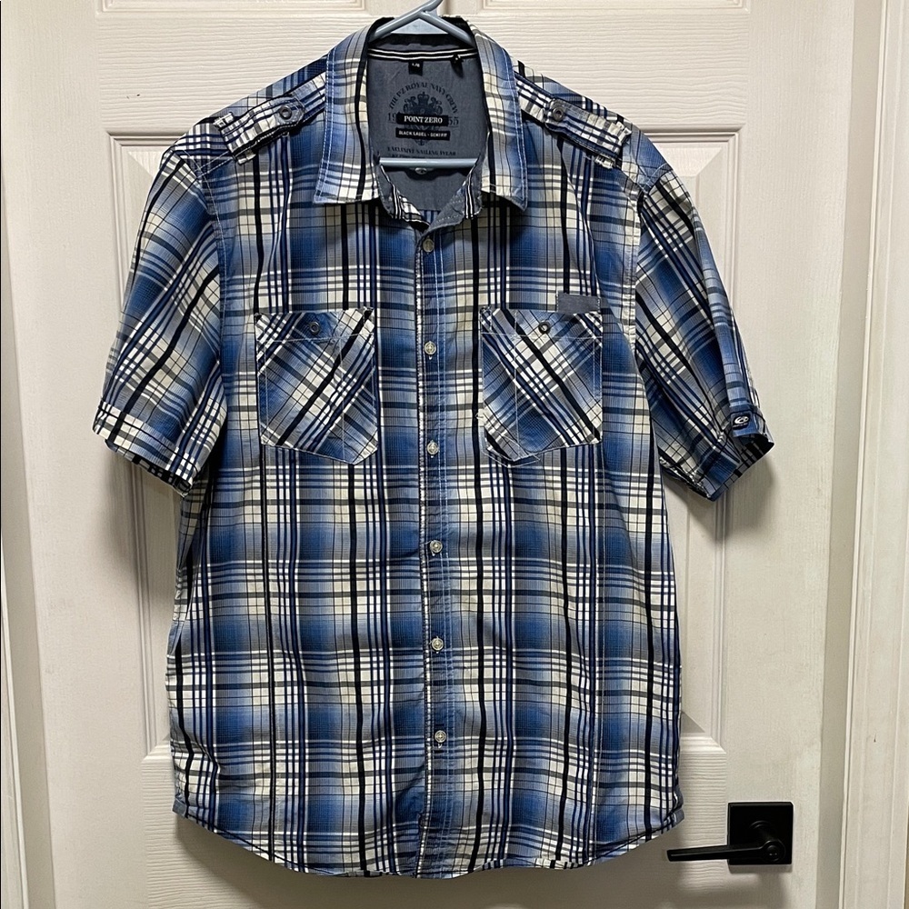 Point Zero | Black Label | Semi-Fit |Blue/White Plaid | Cotton | Shirt | Size L